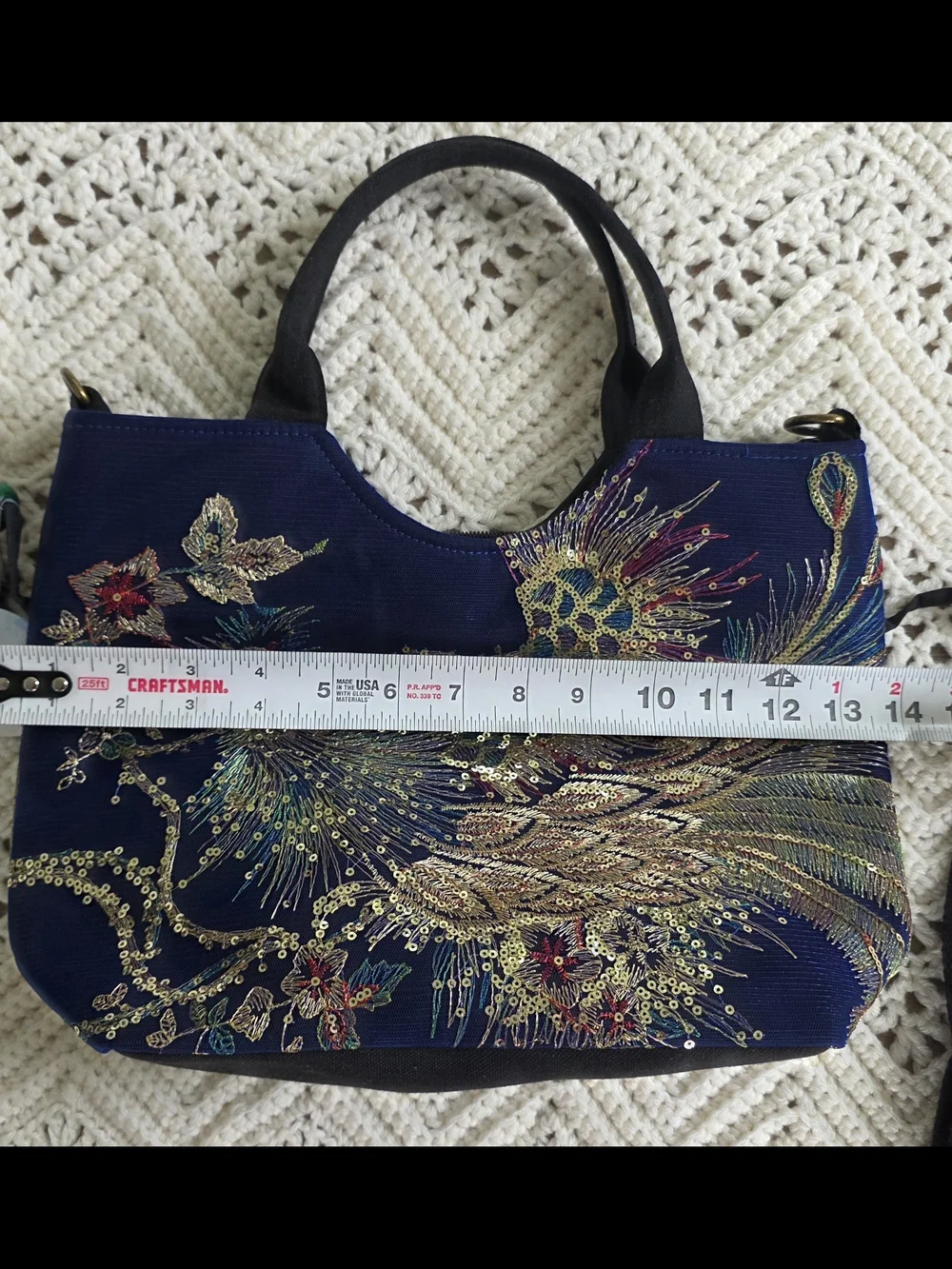 NWT Navy Blue Peacock Embroidered Sequin Beaded Top Handle Crossbody Bag